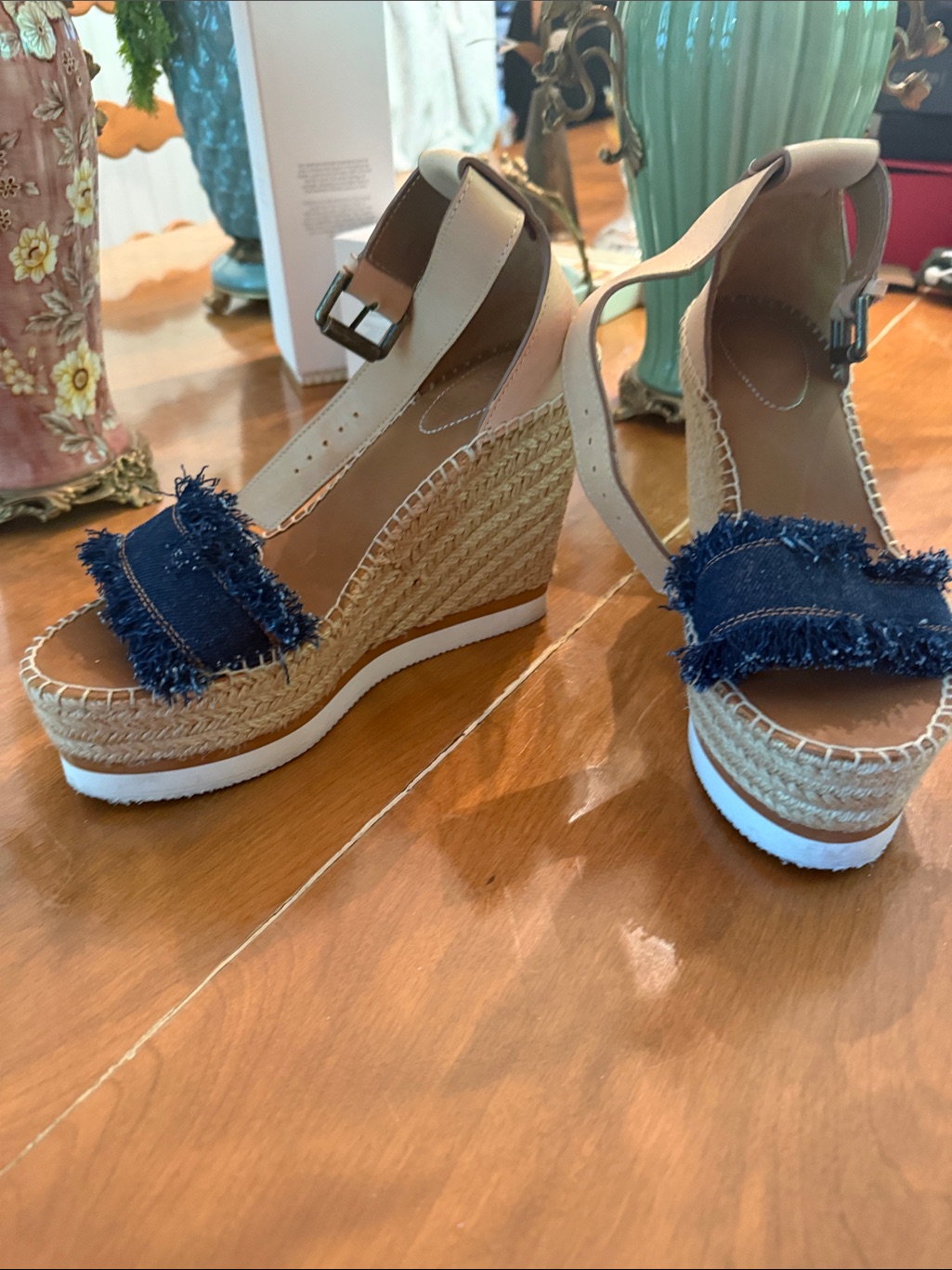 See By Chloe Navy Denim And Beige Espadrille Wedge Sandals Size 8